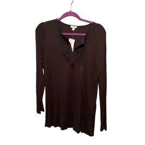 Nine‎ West Tunic Top Women's Large Black Classic Split Neck Long Sleeve Pullover